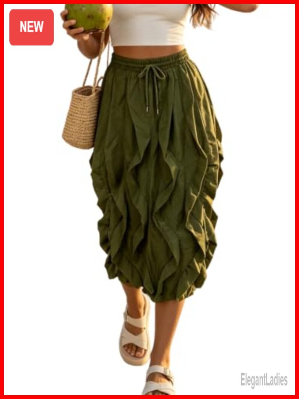 Ruffle Cargo Midi Skirt High Waisted Drawstring Pleated Womens Streetwear